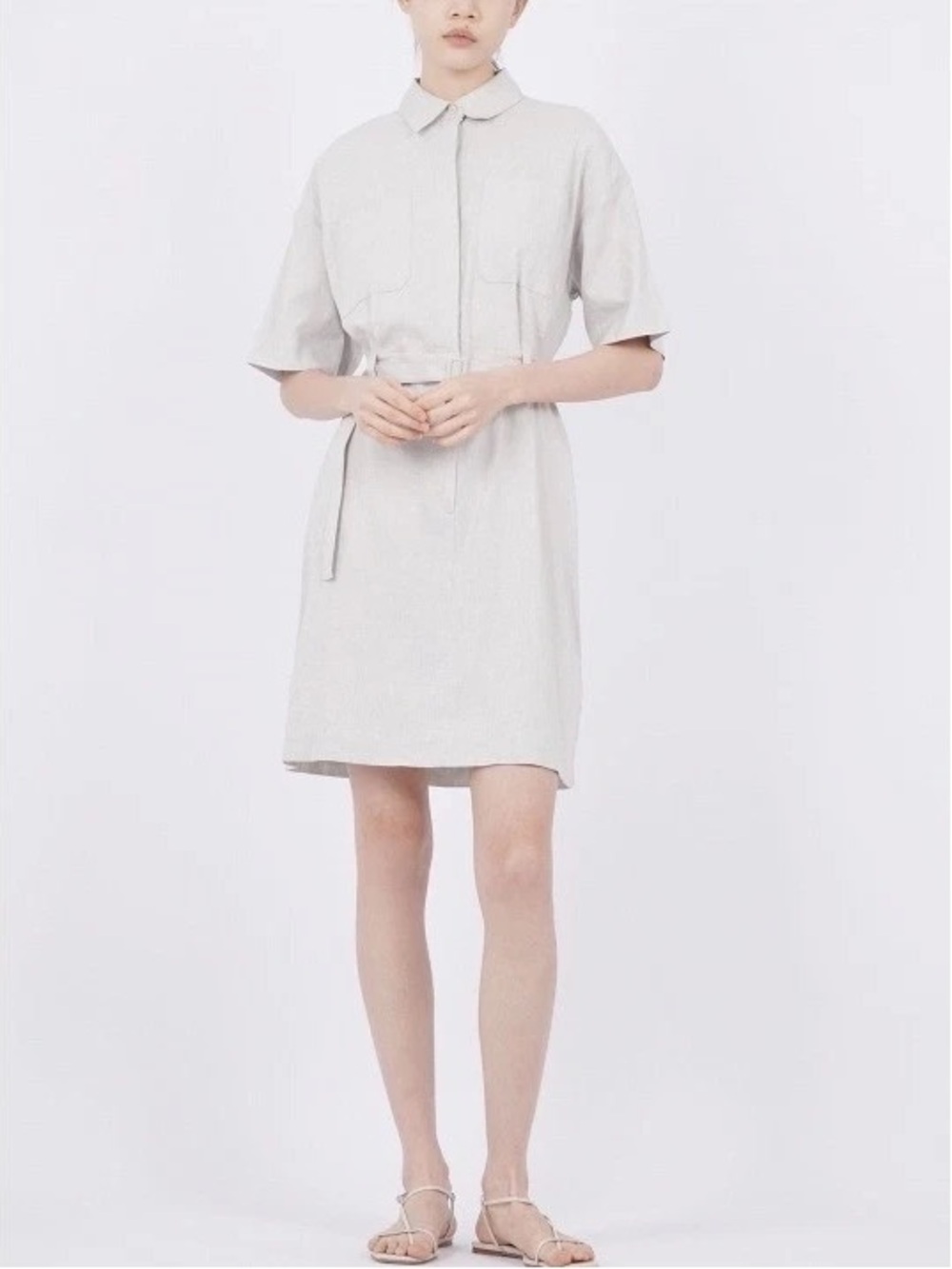 Theory Linen Belted Shirt Dress in Light Beige